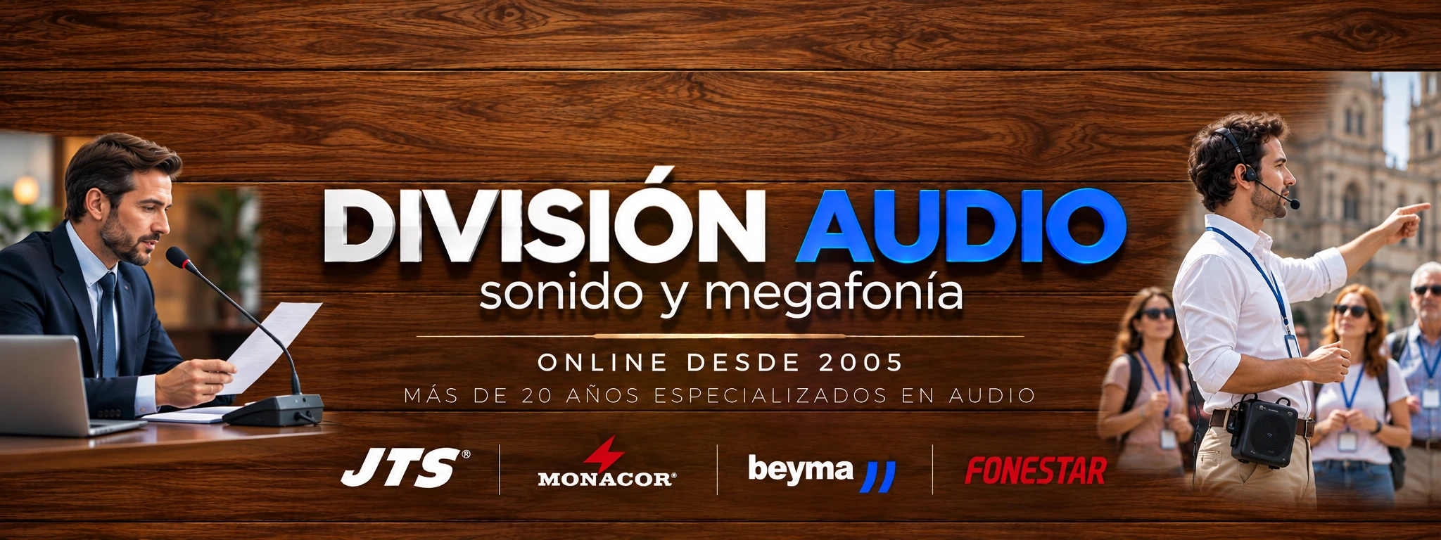 Divisi&oacute;n Audio: sonido profesional y megafon&iacute;a desde 2005, con altavoces, micr&oacute;fonos y equipos de audio